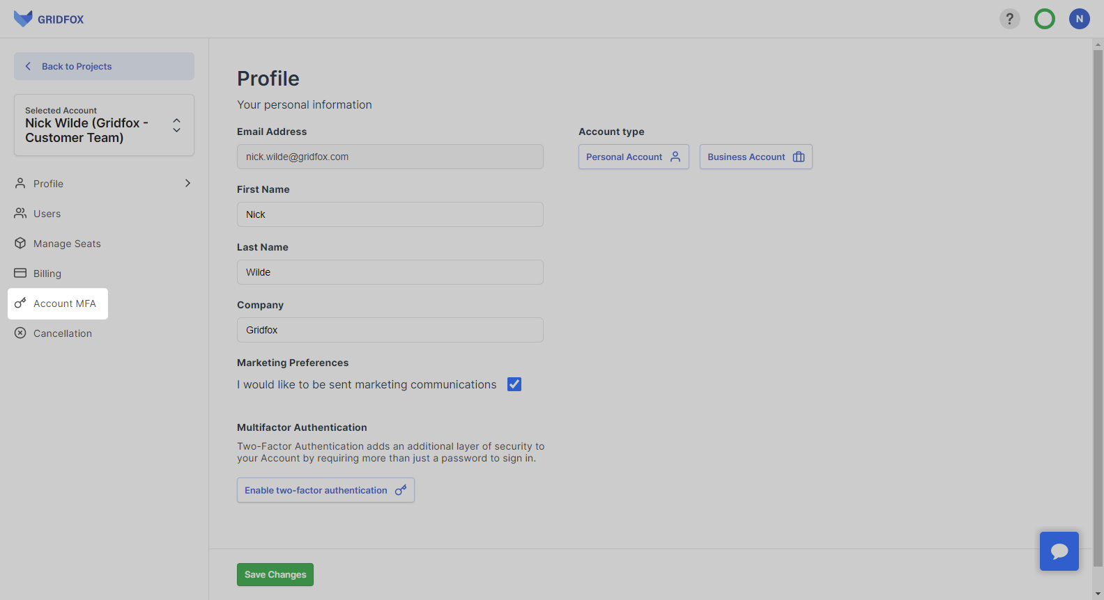 Account MFA Section