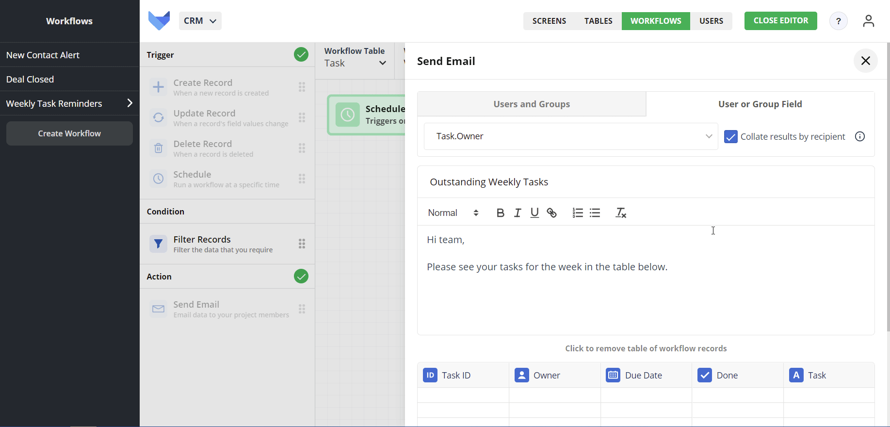 Configuring record fields in email workflow