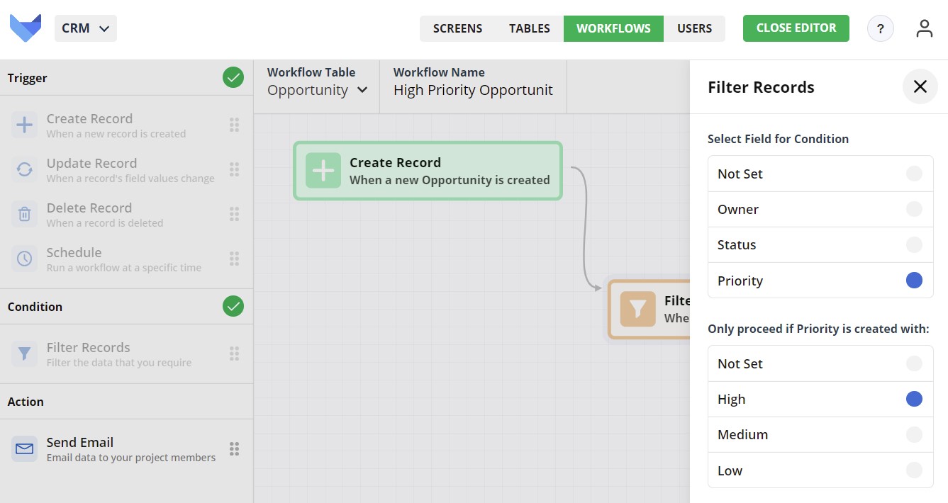 Create Workflow Filter Records settings for List field