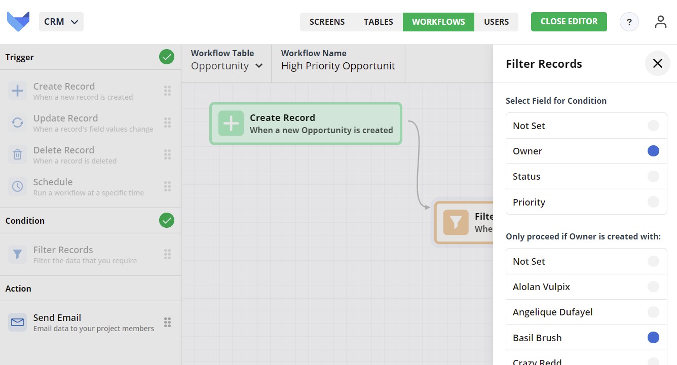 Create Workflow Filter Records settings for User field