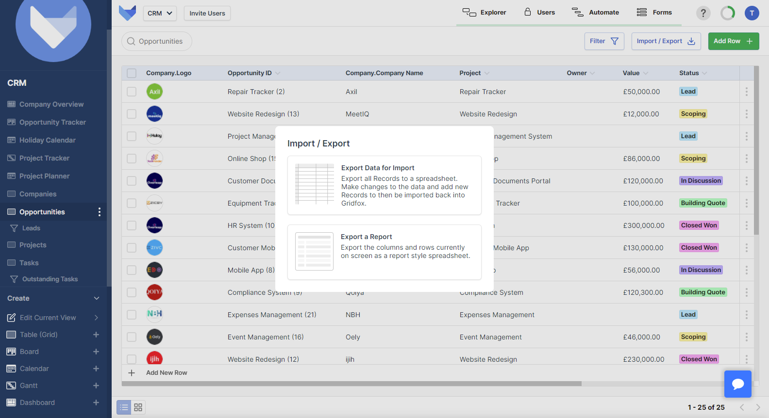 Import Export option